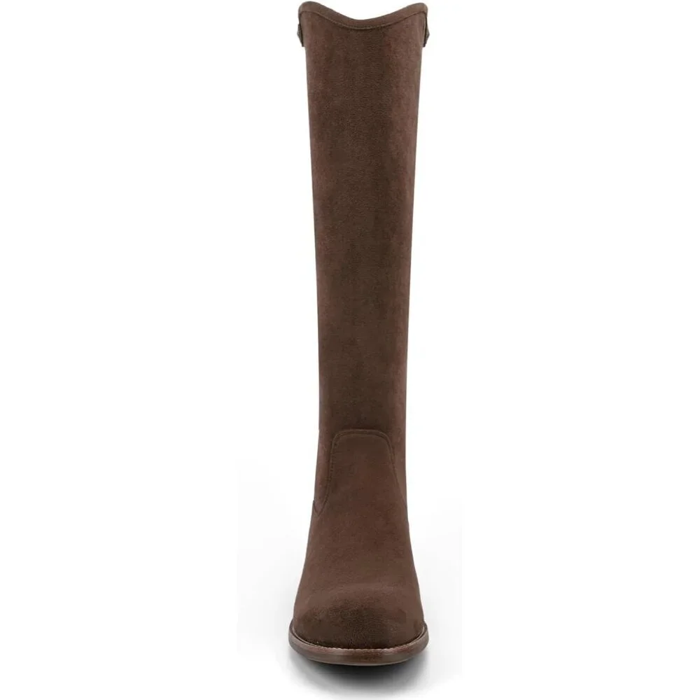 Women's Dark Brown Round Toe Chunky Heel Faux Suede Tall Knee High Boots Rubber